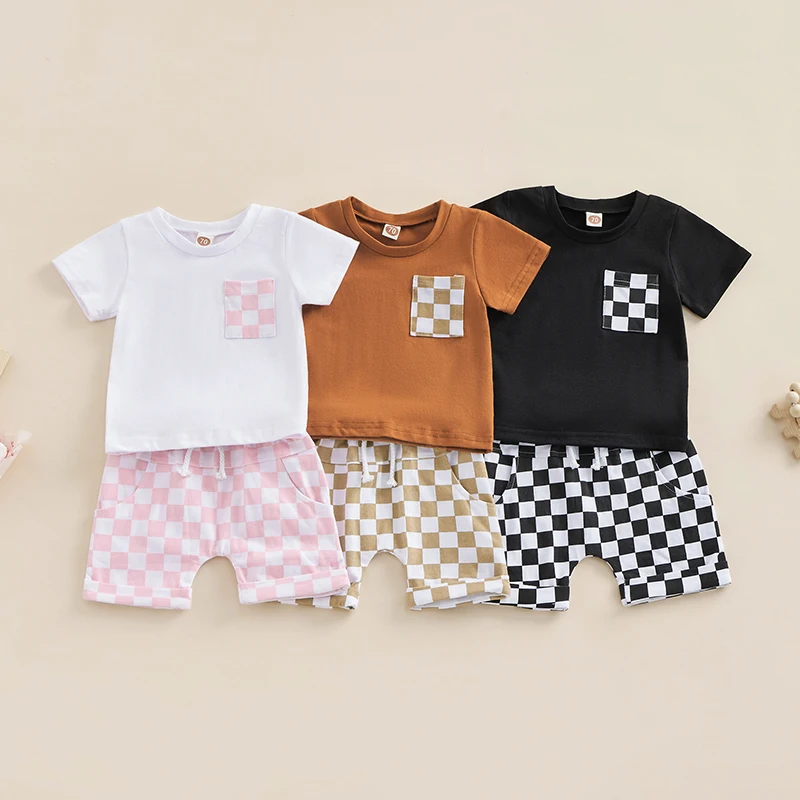 FOCUSNORM/ Комплекти Дрехи за най-Малките Момчета в 3 цвята, от 0 до 3 години, Клетчатая Лоскутная Тениска с къси ръкави и Джобове + Шорти, Комплект . ' - ' . 0