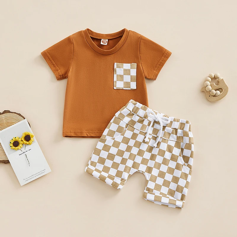 FOCUSNORM/ Комплекти Дрехи за най-Малките Момчета в 3 цвята, от 0 до 3 години, Клетчатая Лоскутная Тениска с къси ръкави и Джобове + Шорти, Комплект . ' - ' . 1