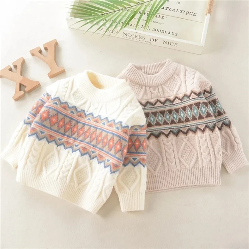Креативен геометричен модел, пуловер с кръгло деколте за момчета и момичета, детски пуловер с утолщением в ретро стил, детски жаккардовый пуловер чужди . ' - ' . 0
