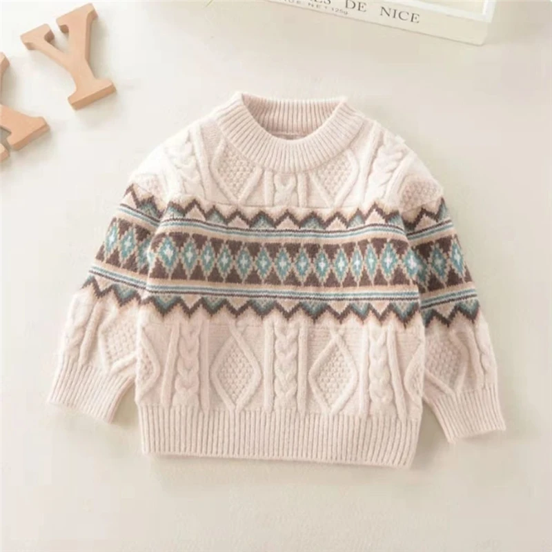 Креативен геометричен модел, пуловер с кръгло деколте за момчета и момичета, детски пуловер с утолщением в ретро стил, детски жаккардовый пуловер чужди . ' - ' . 3