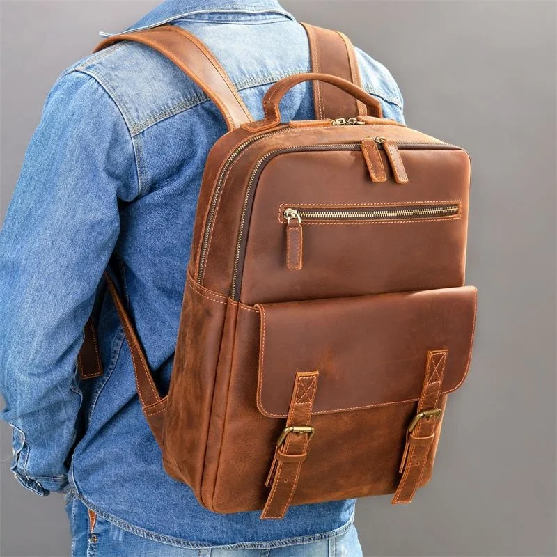 Нова дизайнерска кожена мъжка чанта за компютър crazy horse 2023, студентски кожена раница в ретро стил с голям капацитет, училище, раница, чанта . ' - ' . 5