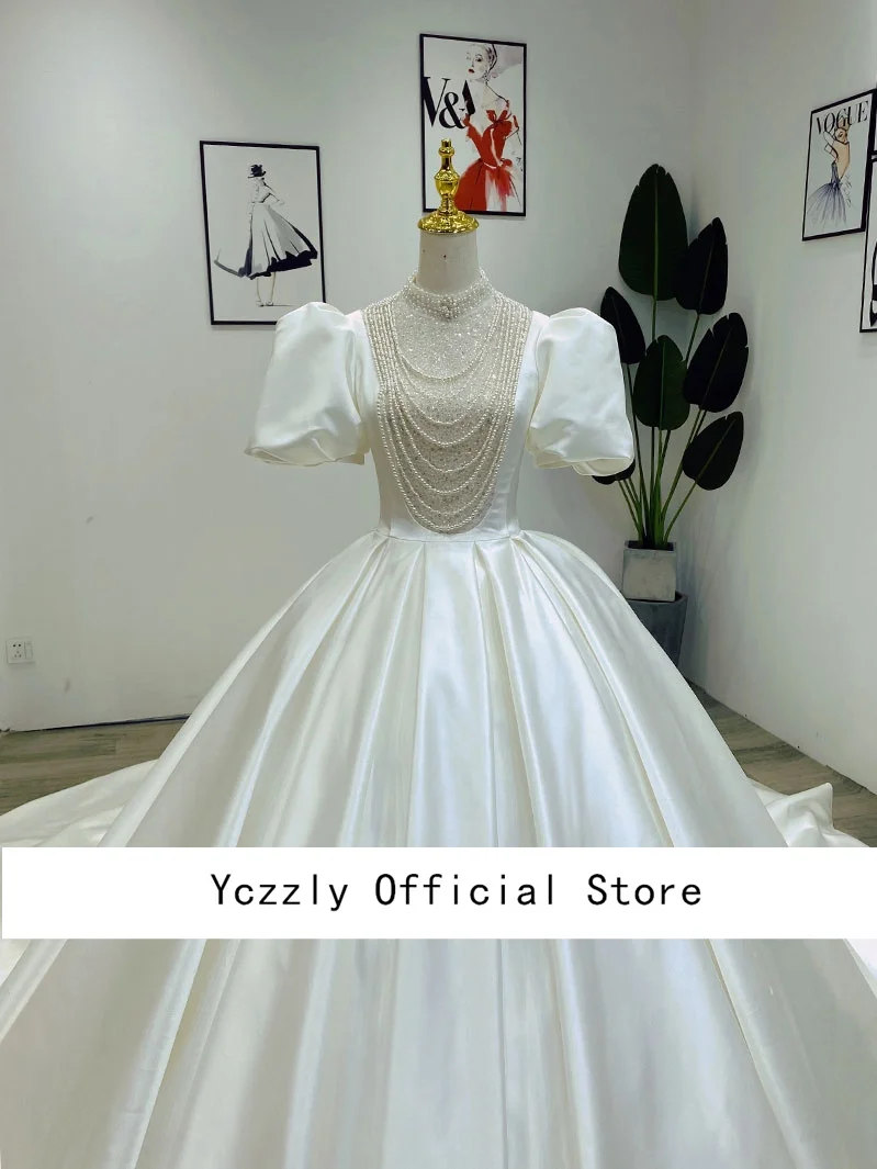 Винтажное мюсюлманската бална рокля, булчински Рокли с високо воротом, сатен, бродирани с мъниста, кристални Шаферски рокли с пищни ръкави Y02 . ' - ' . 3
