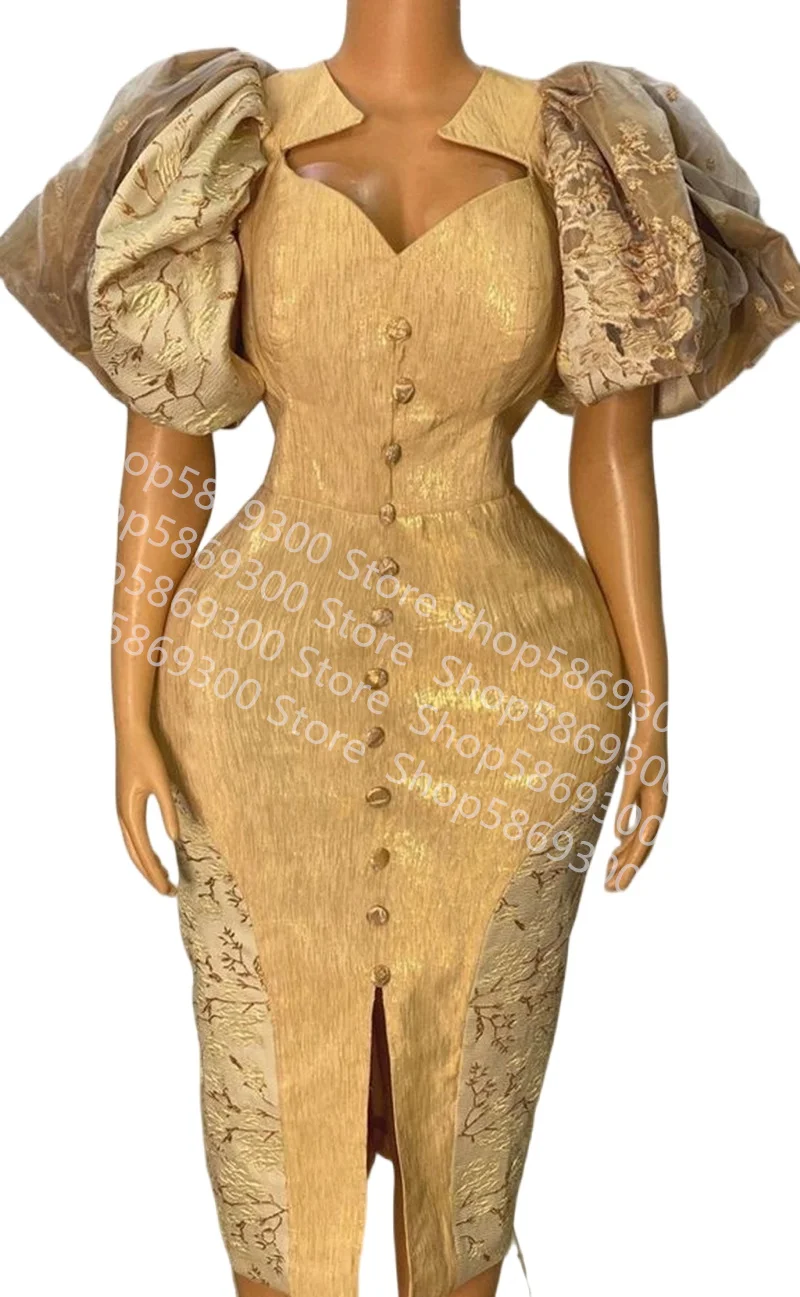 Рокли за бала от червено злато с дължина до коляното с пищни ръкави, дантелено рокля в африканския стил Aso Ebi, вечерна рокля за коктейл . ' - ' . 1