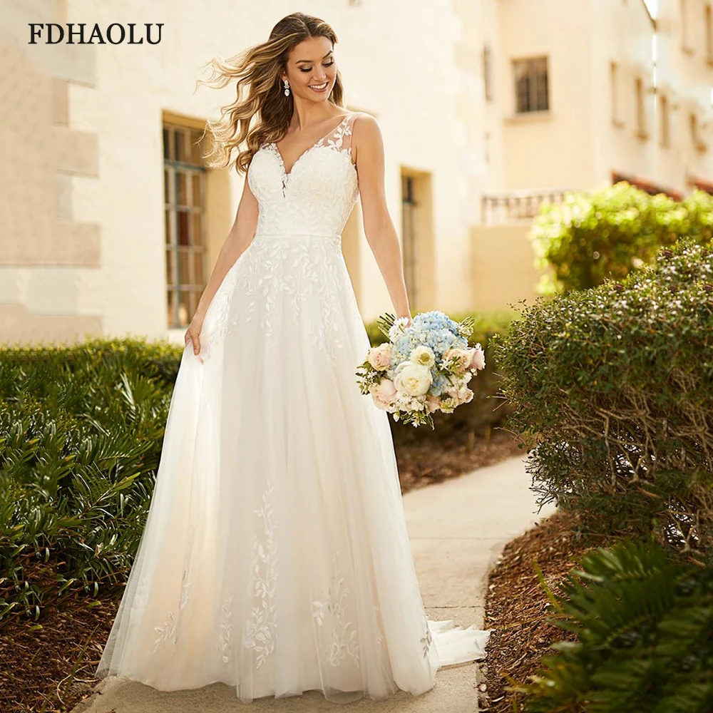 Сватбена рокля FDHAOLU FU10 с V-образно деколте, без ръкави, с аппликацией, роклята на булката, А-силует, тюлевые булчинска рокля на булката, сватбена рокля в стил бохо . ' - ' . 0