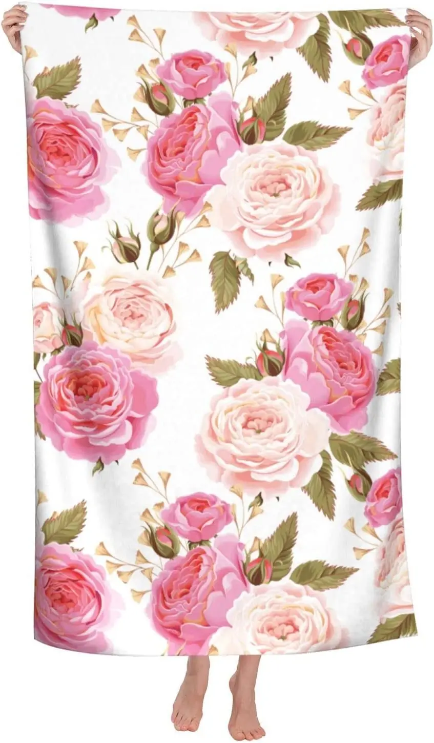 Плажна кърпа с рози, Акварел, разноцветни розови рози с листа на бял банном кърпа, защитено от пясък, Красива плажна кърпа с цветен модел . ' - ' . 0