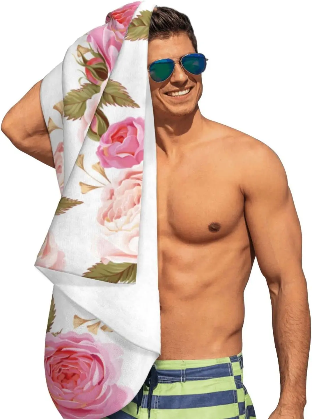 Плажна кърпа с рози, Акварел, разноцветни розови рози с листа на бял банном кърпа, защитено от пясък, Красива плажна кърпа с цветен модел . ' - ' . 1