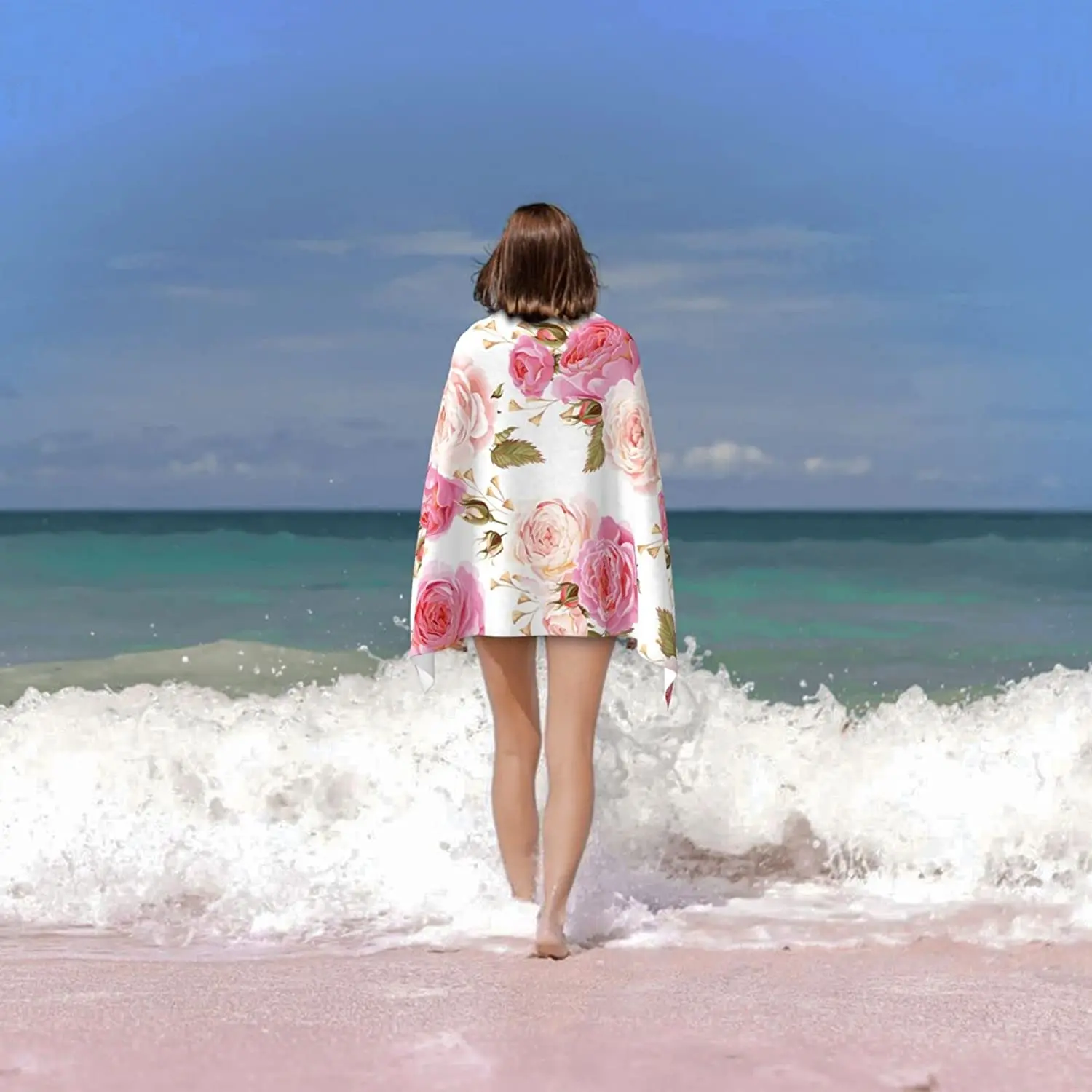 Плажна кърпа с рози, Акварел, разноцветни розови рози с листа на бял банном кърпа, защитено от пясък, Красива плажна кърпа с цветен модел . ' - ' . 4
