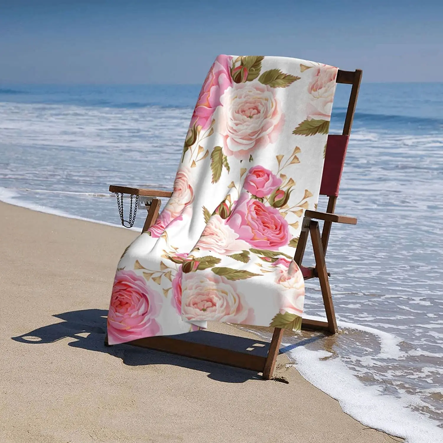 Плажна кърпа с рози, Акварел, разноцветни розови рози с листа на бял банном кърпа, защитено от пясък, Красива плажна кърпа с цветен модел . ' - ' . 5