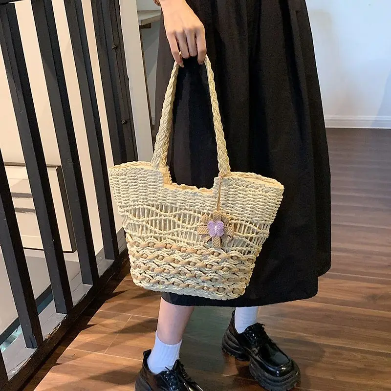 Плажни чанти за жени 2023, женствена чанта на едно рамо, тканая чанта, слама тканая чанта, голяма чанта голям за селски туризъм, плажна чанта,-тоут . ' - ' . 3