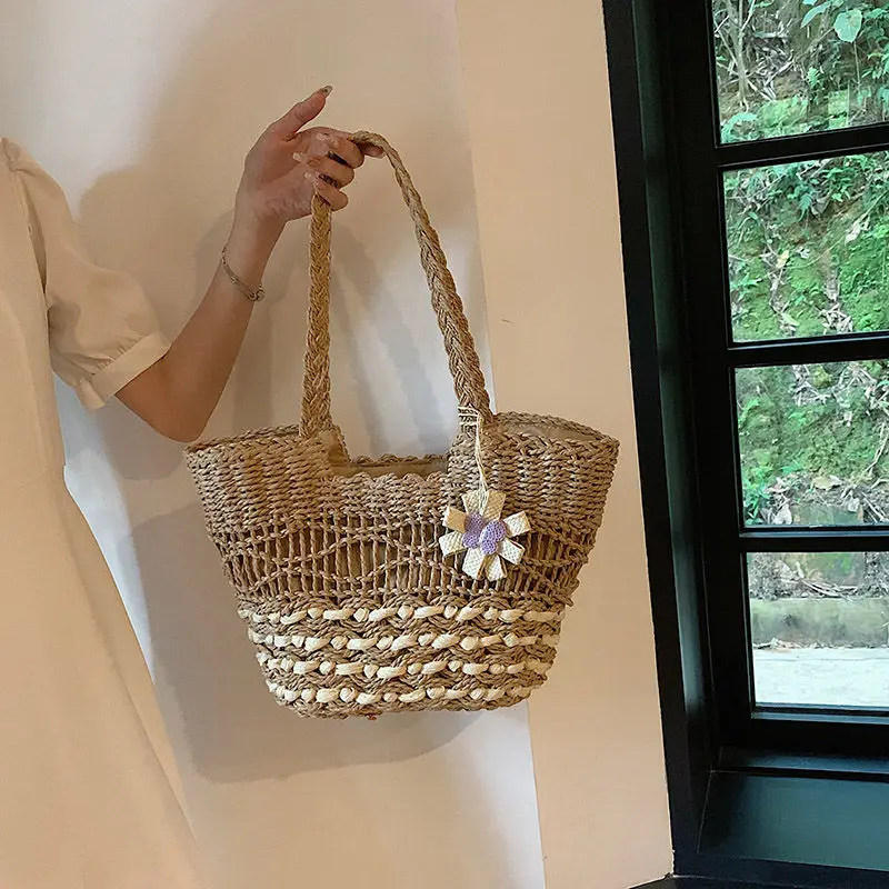 Плажни чанти за жени 2023, женствена чанта на едно рамо, тканая чанта, слама тканая чанта, голяма чанта голям за селски туризъм, плажна чанта,-тоут . ' - ' . 4