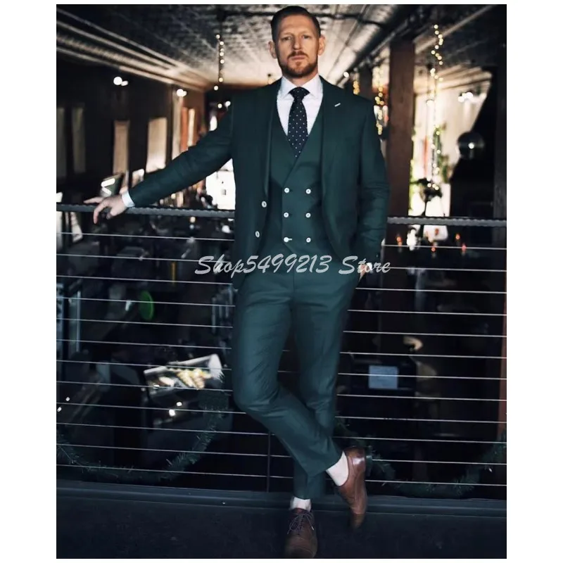 Тъмно Зелени мъжки костюми, Комплект от 3 теми, Оборудвана бизнес кърпичка с ревери, Смокинги на Булката за Сватбения комплект (Сако + Панталон + Елек), мъжки костюм . ' - ' . 0