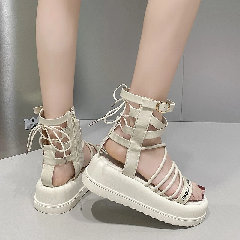 Дамски обувки 2023, лидер на продажбите, дамски сандали с каишка на щиколотке, ежедневни сандали на платформа дамски однотонная обувки в римски стил, женски Zapatillas De Mujer . ' - ' . 4