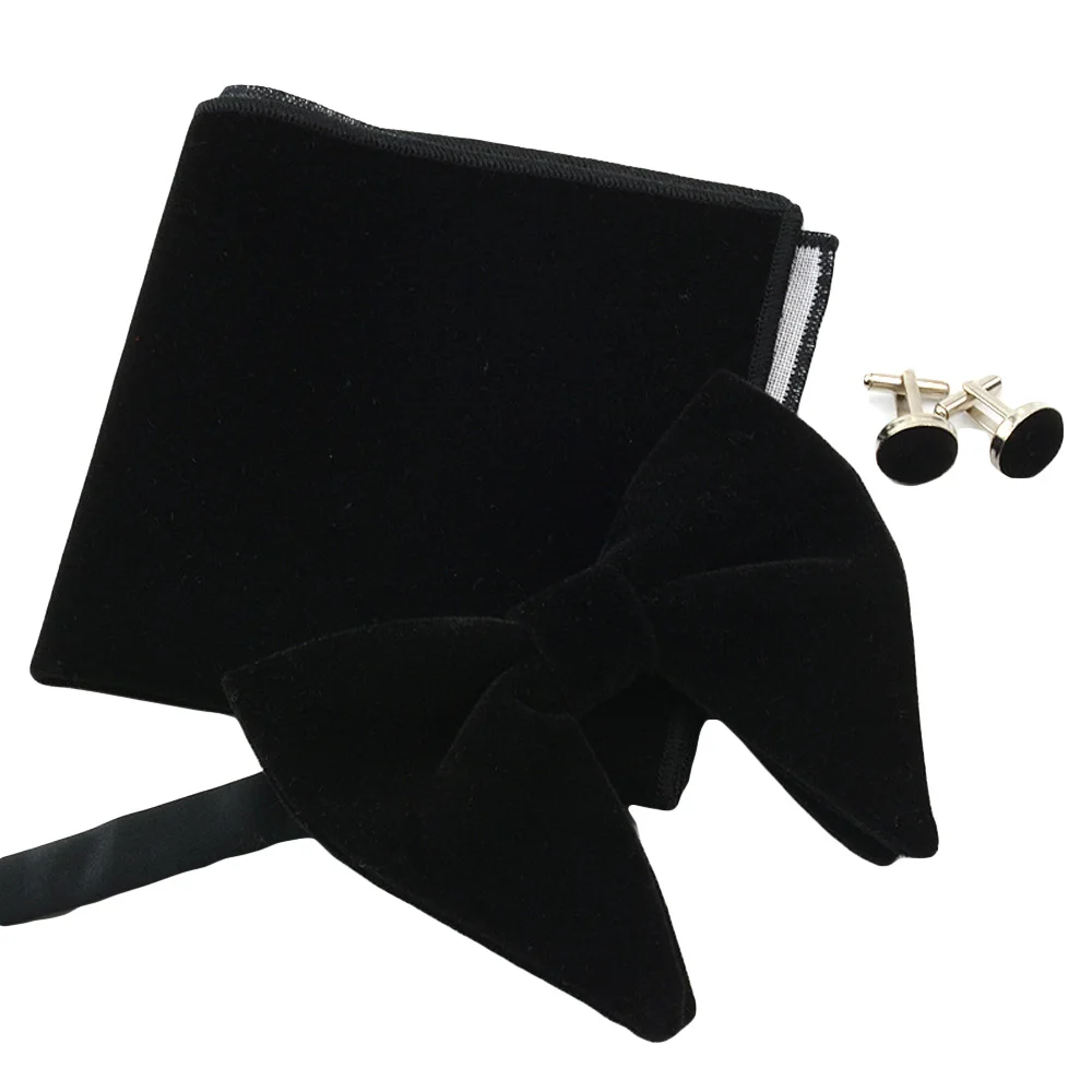 Мъжки монофонични velvet големи Предварително навързани носи вратовръзка, Ръкавели, джобен квадратен набор от носа шалове BWTQN0304 . ' - ' . 3