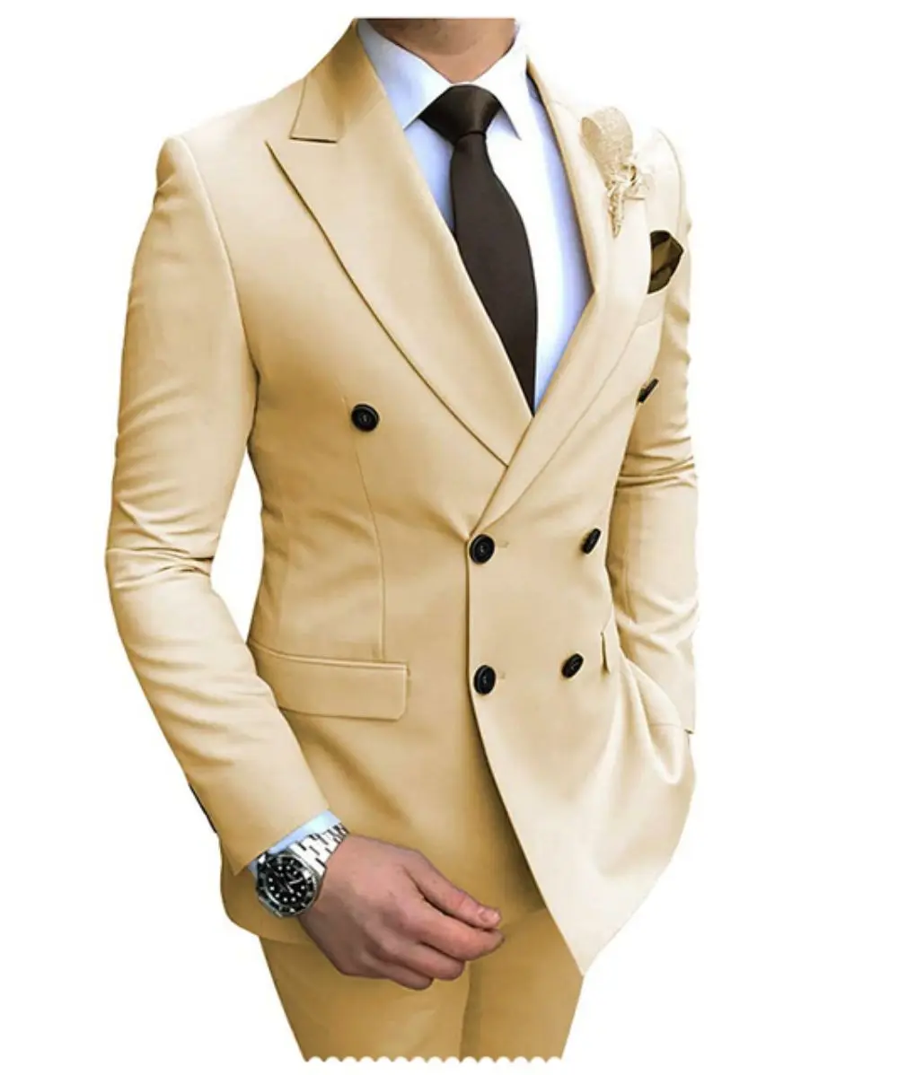 2023 Нов Бежов мъжки костюм, 2 броя, Двубортная шал с ревери, Плоски Приталенные Ежедневни смокинги за Сватба (Сако + панталон) . ' - ' . 1