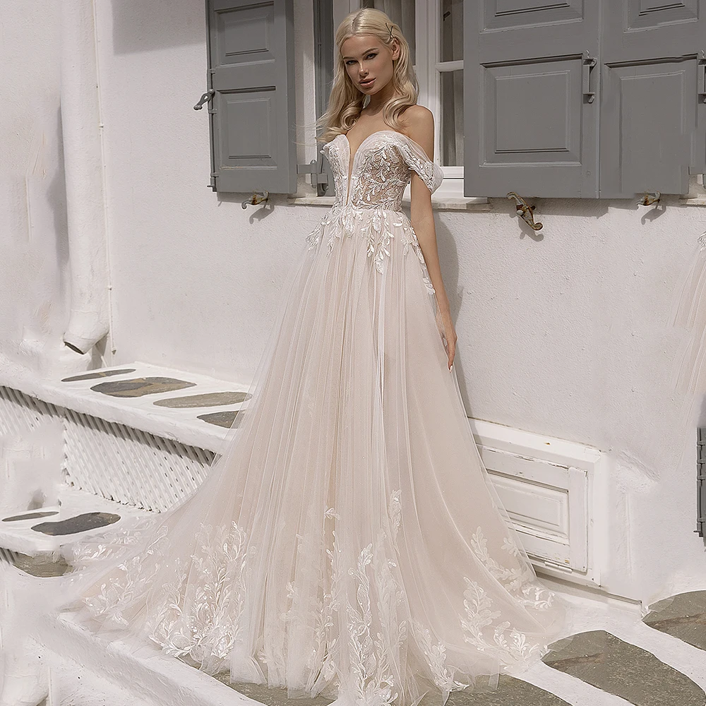 Елегантна Сватбена рокля с открити Рамене 2023 Трапециевидное Блестяща Рокля на Булката С Кружевными Апликации във формата на Сърце Сватбена Рокля сватбена рокля . ' - ' . 0