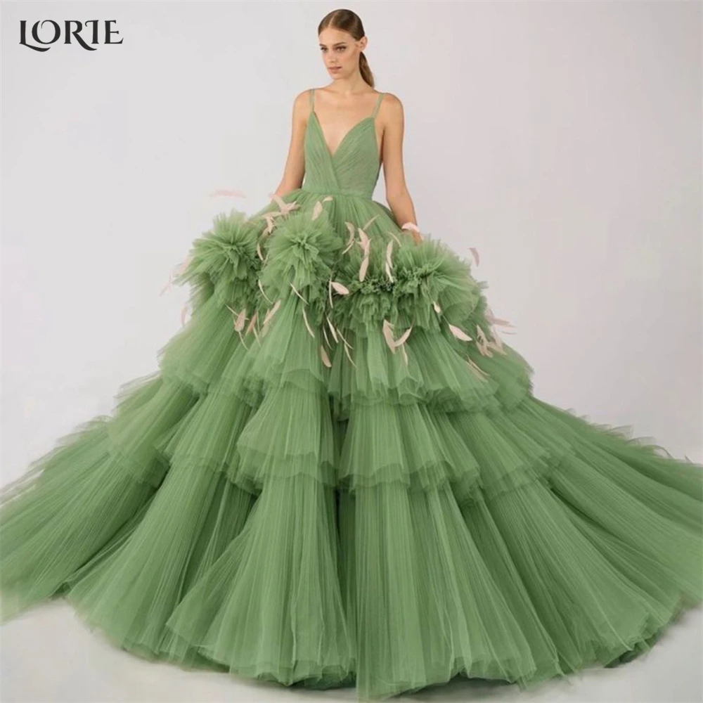 Вечерни рокли LORIE Grass Green с дълбоко V-образно деколте, бална рокля с пера на гърба, на много нива рокли за буйните партита с къдри от тюл . ' - ' . 0