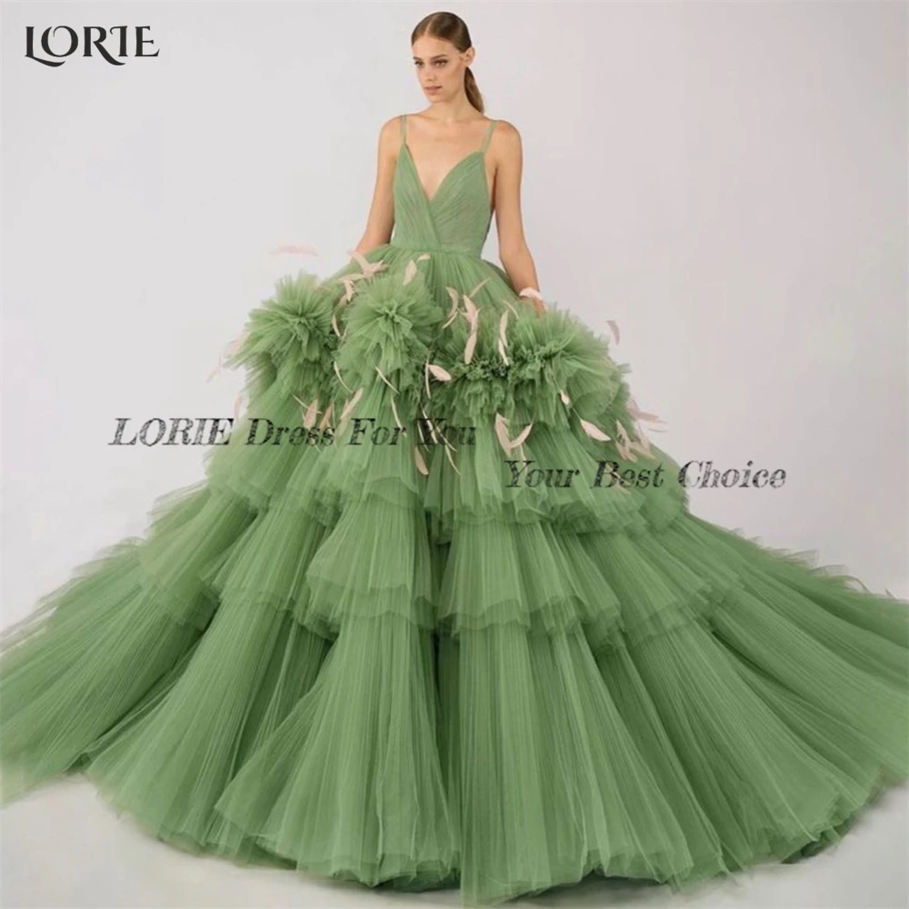 Вечерни рокли LORIE Grass Green с дълбоко V-образно деколте, бална рокля с пера на гърба, на много нива рокли за буйните партита с къдри от тюл . ' - ' . 1