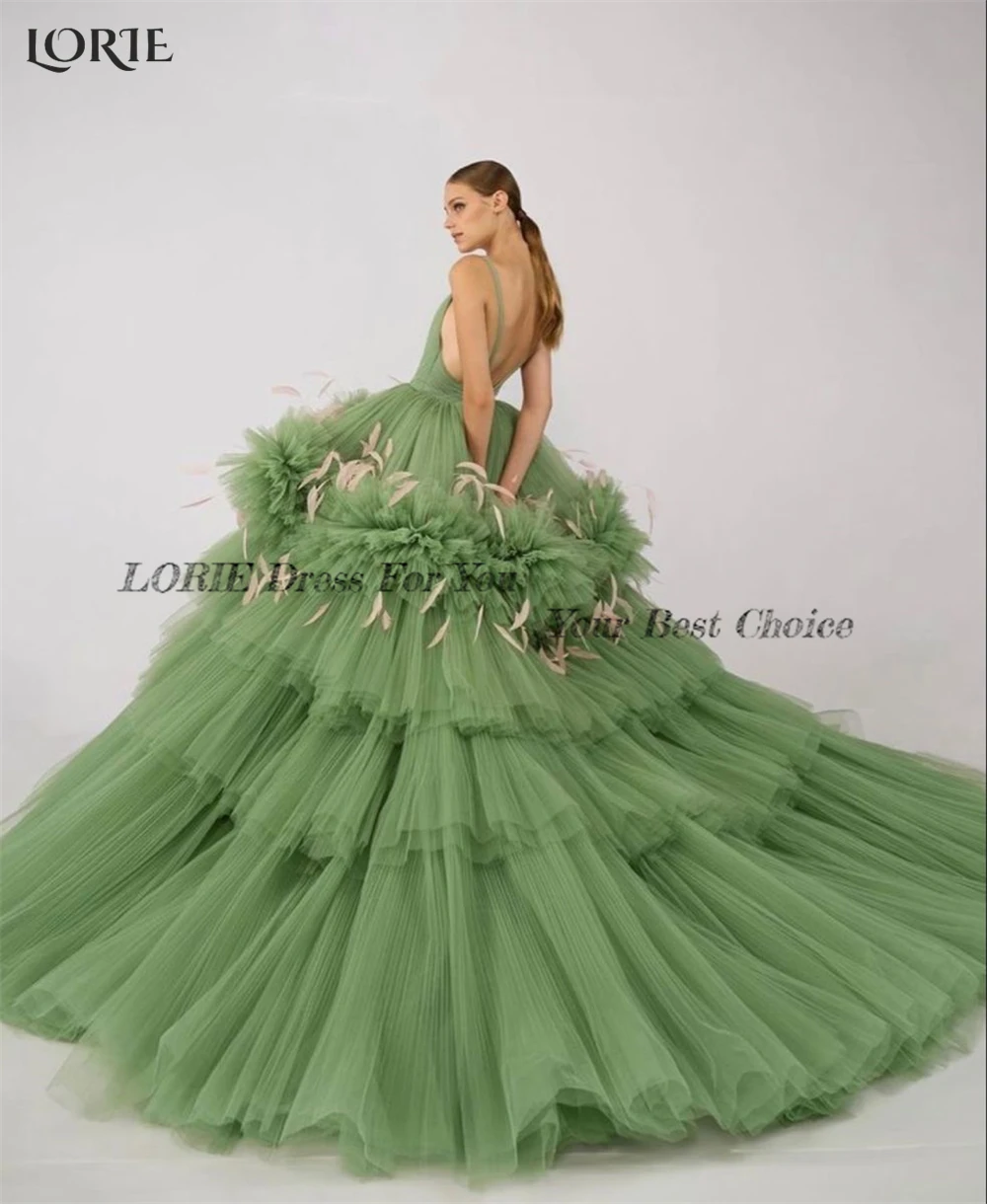 Вечерни рокли LORIE Grass Green с дълбоко V-образно деколте, бална рокля с пера на гърба, на много нива рокли за буйните партита с къдри от тюл . ' - ' . 2