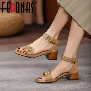 Дамски сандали FEDONAS с каишка на щиколотке на дебелите ток, ретро от естествена кожа, модерен метален обтегач, офис дамски обувки за партита, дамски летни обувки