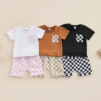 FOCUSNORM/ Комплекти Дрехи за най-Малките Момчета в 3 цвята, от 0 до 3 години, Клетчатая Лоскутная Тениска с къси ръкави и Джобове + Шорти, Комплект