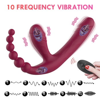 3-Головчатый лесбийки вибратор, носене вибратор с дистанционно управление, лесбийка секс-играчка с аналната тапа, насладете се на оргазъм едновременно