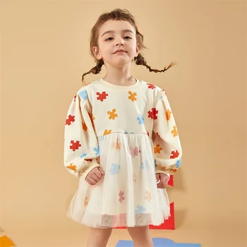 Рокли за малки момичета с дълги ръкави от 100% памук и марля в стил мозайка 2022, есенни бежово качулки с принтом под формата на пъзела, модни детски дрехи