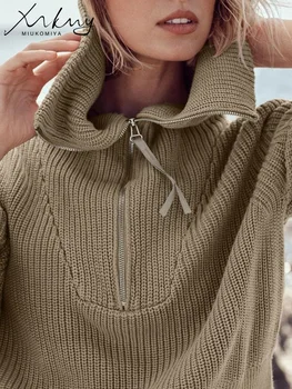 MiuKoMiYa, дебели пуловери с цип за жени, Мода 2023, пуловери цвят каки, без монофонични женски пуловер с цип за жени
