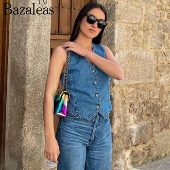 2023 Bazaleas Store Трафика на жена Деним Жилетка копчета отпред С V Образно деколте, Дамски Шик Блузи, Официално Облекло