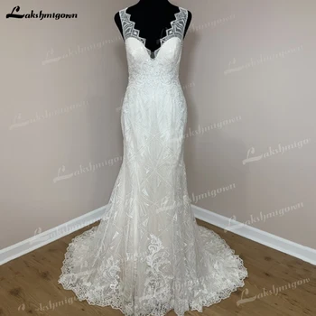 Сватбената рокля на прозрачни бретелях в стил бохо, дантелено сватбена рокля с V-образно деколте 