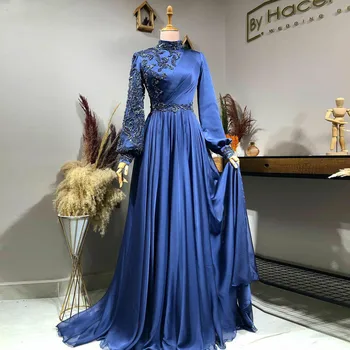 Кралско синьо Елегантна мюсюлманската жена вечерна рокля, Вечерни мъниста, Дубай, арабските вечерни рокли за абитуриентски бал с дълъг ръкав