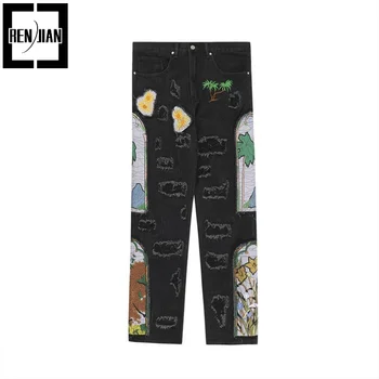 Модни улични мъжки дънки в стил хип-хоп оверсайз в стила на Настроението Y2K, дънкови панталони с бродерия, улични панталони
