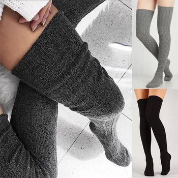 Есенно-зимни чорапогащи над коляното, дамски секси чорапи, топли дълги възли чорапи до бедрото, сиво, каки, синьо, черно, обрат-чорапи