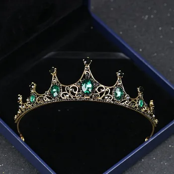 Реколта диадема в стил барок, диадема от нова сплав със зелен диамант, благородна и елегантна диадема принцеса рожден ден, кристален диадема