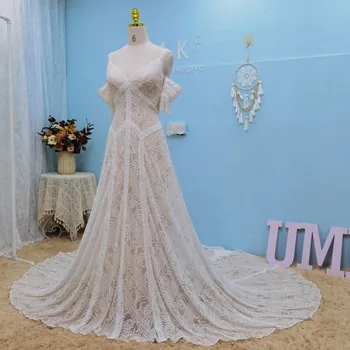 Сватбена рокля UMK 2021 в стил бохо, секси дантелено рокля с V-образно деколте и отворен гръб за спагети презрамки, с плажна Vestido De Noiva, шикозни сватбени рокли