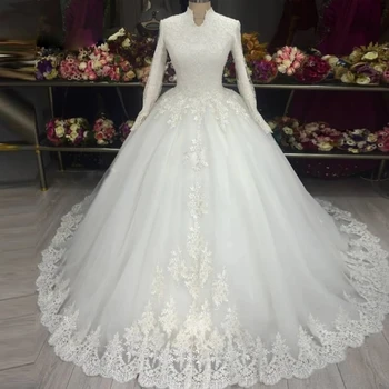 Мюсюлмански булчински рокли Дубай 2023, дантелени сватбени рокли принцеса с високо воротом и дълъг ръкав и апликации, Vestido De Новия, по-големи размери