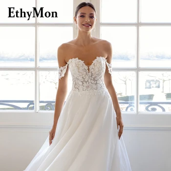 Ethymon Сладко С открити рамене сватбени рокли с дантела-без ръкави за сватба Robe De Soirée De Mariage Гънка на поръчка