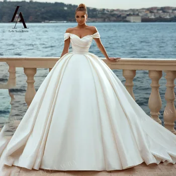 LelaAcra Сладко Атласное Сватбена рокля 2022 С Открити Рамене, Придворен Струята, Рокля на Принцеса Булка SM52, Големи Размери, Vestido de Noiva