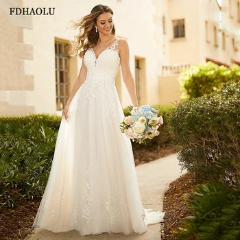 Сватбена рокля FDHAOLU FU10 с V-образно деколте, без ръкави, с аппликацией, роклята на булката, А-силует, тюлевые булчинска рокля на булката, сватбена рокля в стил бохо