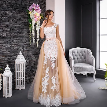 Дантела тюл, 2 броя, сватбени рокли на Русалка с подвижна влак цвят шампанско, Vestido De Noiva 