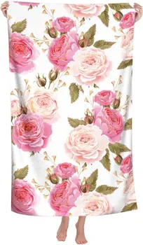 Плажна кърпа с рози, Акварел, разноцветни розови рози с листа на бял банном кърпа, защитено от пясък, Красива плажна кърпа с цветен модел