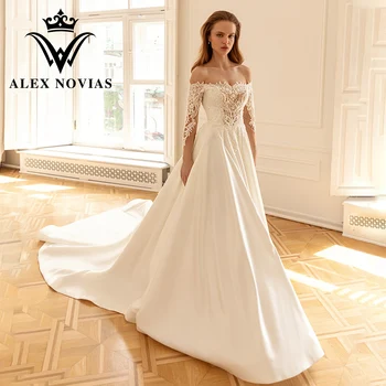 Сватбена рокля ALEX NOVIAS Трапецовидна Форма с дълъг ръкав 2023, Деколте Лодка, Апликации от Мъниста, Атласное рокля С Влак, Vestidos Novias De Saten