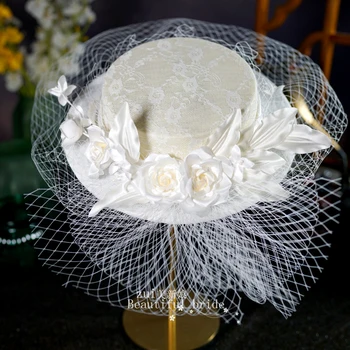 Бяла Дамска сватбена шапка от чиста дантела с цветя, ръчно изработени аксесоари за сватбени партита
