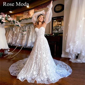Rose Moda Подвижни сватбени рокли от дантела тих и спокоен парк с дълги ръкави на поръчка