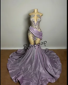 Блестящи кристали лилав цвят Русалка, дълги елегантни рокли за бала 2023, африканска момиче, Фини мъниста, ефирни вечерни рокли с диаманти