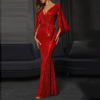 Секси пролетта на рокля с V-образно деколте и червени пайети, колекция 