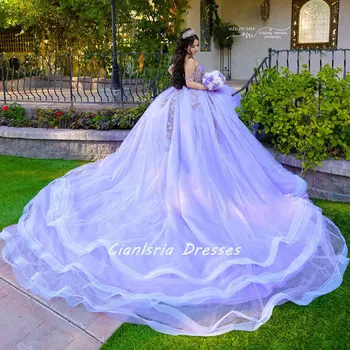 Лилавата буйни рокли с 3D цветя, бална рокля с открити рамене, мъниста апликации, корсет, Vestidos De 15 Años
