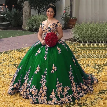 Изящни зелени Вечерни рокли Quincenera с открити рамене и аппликацией под формата на цветя за абитуриентски, официални партита на известни Личности От 15 Години Vestidos Fiesta