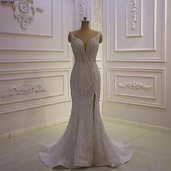 AM1388 Луксозно бельо рокля-русалка на спагети презрамки с V-образно деколте и цепка, расшитое пайети, сватбена рокля-русалка