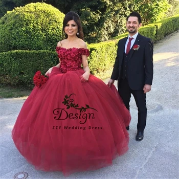 Бална рокля с цвят на червено Вино С апликации, Ръчно изработени Цветя от Органза И тюл, пищни рокля с открити рамене, vestidos de quincea era 2019
