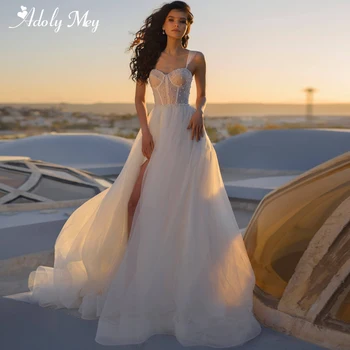 Adoly Mey Романтична Сватбена рокля Трапецовидна форма с ръкав-майкой и деколте във формата на Сърце 2023, Луксозно Богемное Сватбена рокля в Бохемски стил с цепка Отпред, Расшитое мъниста